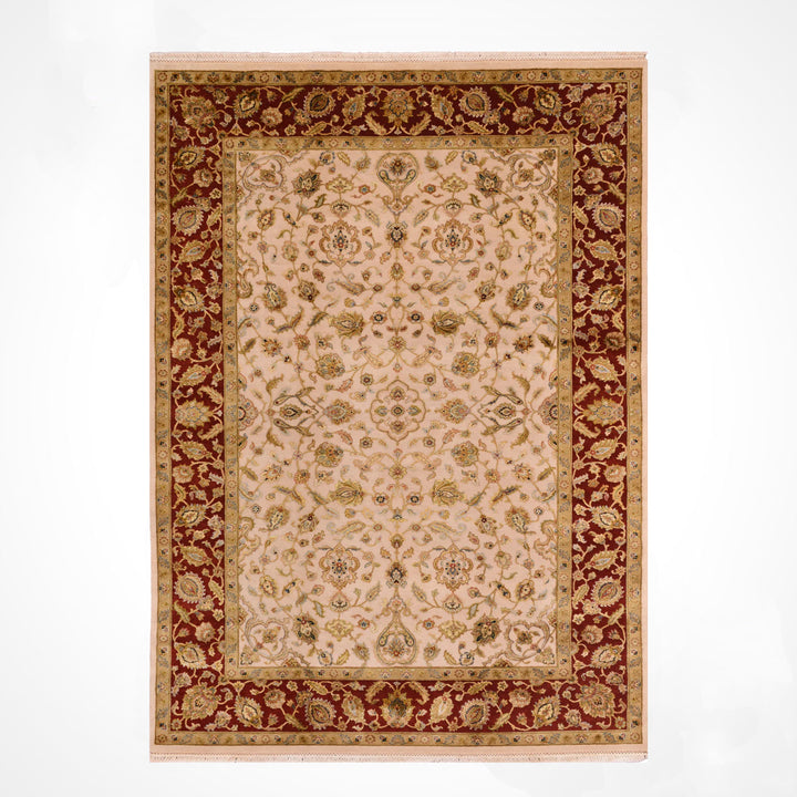 Indian Owl Original Hand-Woven Cream Red Wool Silk Carpet 180x284 5.11 Square Meters - 6x9 ft