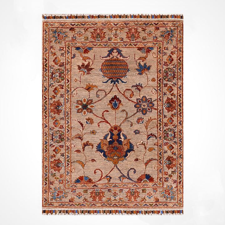Sultani Çiçekli Orijinal El Dokuması Bej Kök Boya Yün Halı 0.83x119 0.99 Metrekare - 3x4 ft