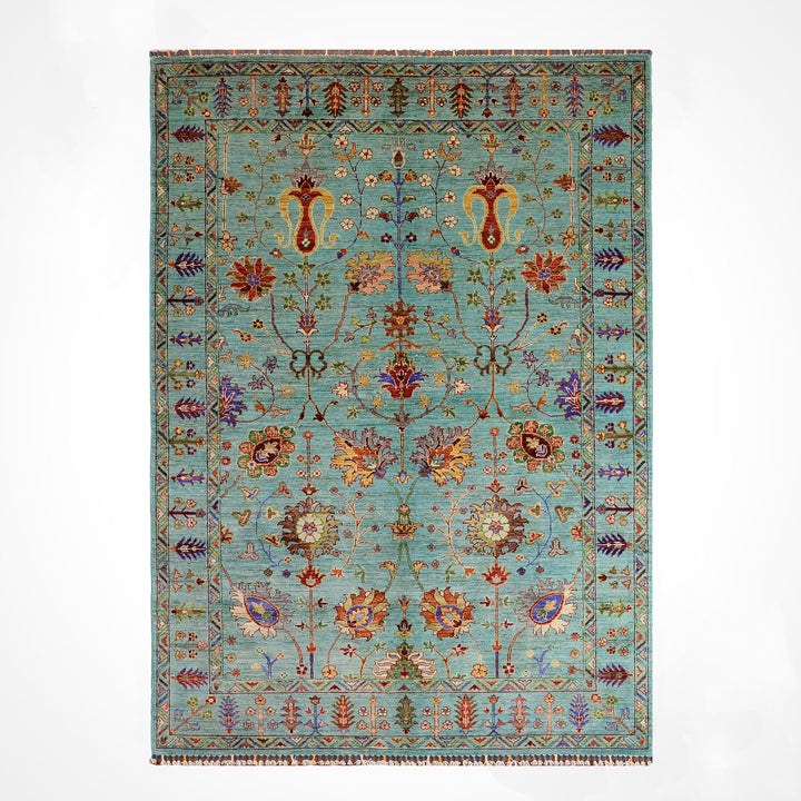 Sultani Floral Original Hand-Woven Turquoise Vegetable Dyed Wool Carpet 153x222 3.40 Square Meters - 5x6 ft