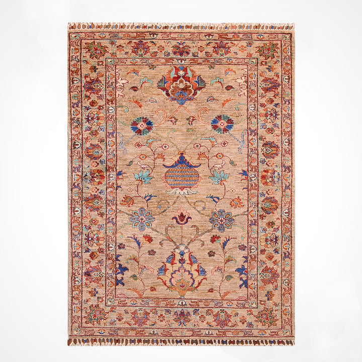 Sultani Floral Original Hand-Woven Beige Vegetable Dyed Wool Carpet 103x162 1.67 Square Meters - 3x5 ft