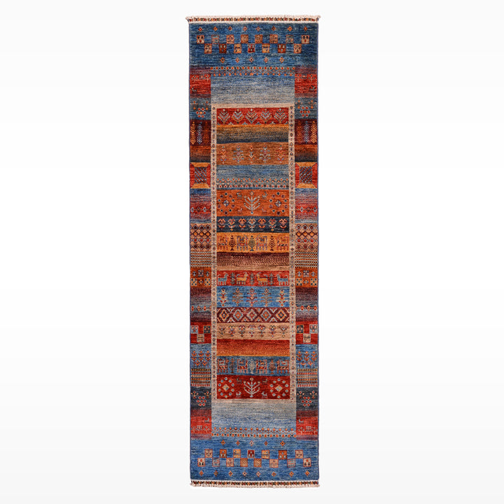 Khorjin Gabbe Patterned Original Hand Woven Runner Multi Vegetable Dyed Wool Carpet 0.78x249 1.94 Square Meters - 3x8 ft