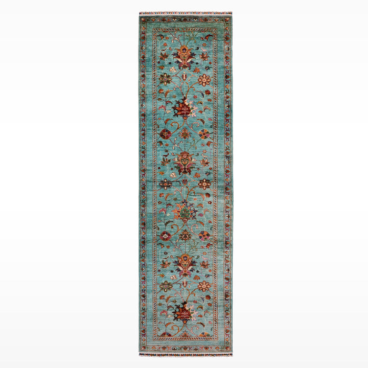 Sultani Binbirgece Yolluk Orijinal El Dokuması Turkuaz Kök Boya Yün Halı 0.82x330 2.71 Metrekare - 3x11 ft