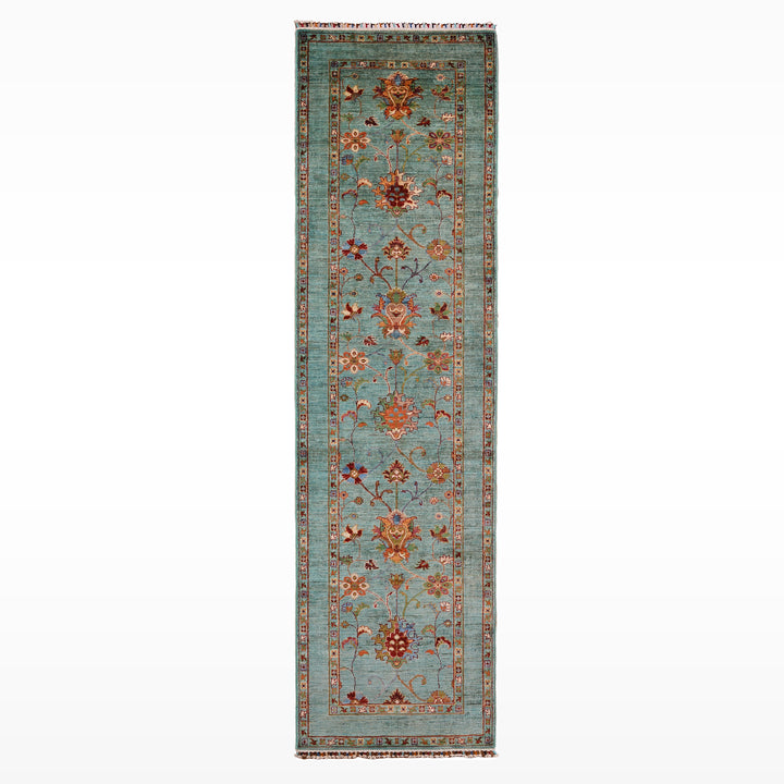 Sultani Çiçekli Yolluk Orijinal El Dokuması Turkuaz Kök Boya Yün Halı 0.83x315 2.61 Metrekare - 2x10 ft