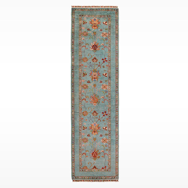 Sultani Çiçekli Yolluk Orijinal El Dokuması Turkuaz Kök Boya Yün Halı 0.83x315 2.61 Metrekare - 2x10 ft
