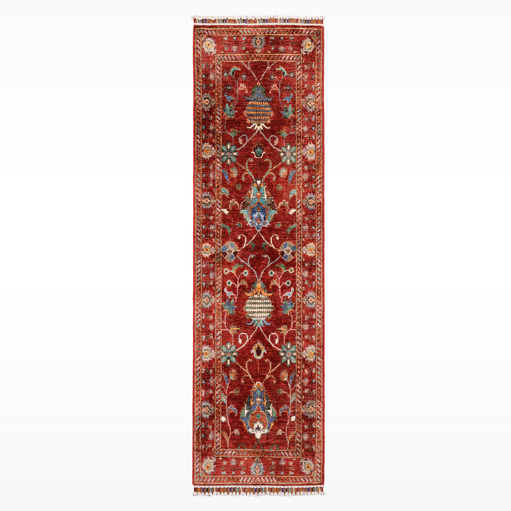 Sultani Binbirgece Runner Original Hand-Woven Red Vegetable Dyed Wool Carpet 0.75x206 1.55 Square Meters - 3x6 ft