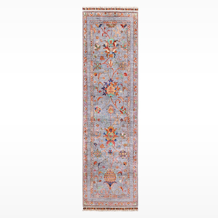 Sultani Binbirgece Runner Original Hand-Woven Gray Vegetable Dyed Wool Carpet 0.69x212 1.46 Square Meters - 3x7 ft