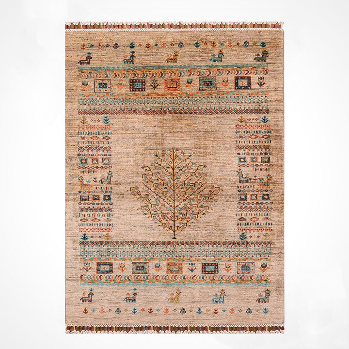 Khorjin Hayat Ağacı Orijinal El Dokuması Bej Kök Boya Yün Halı 105x156 1.64 Metrekare - 3x5 ft