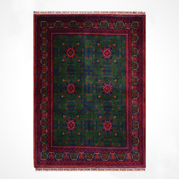 Afghan Carpet Green Hamyap Original Hand-Woven Vegetable Dyed Wool 148x201 2.97 Square Meters - 4x6 ft
