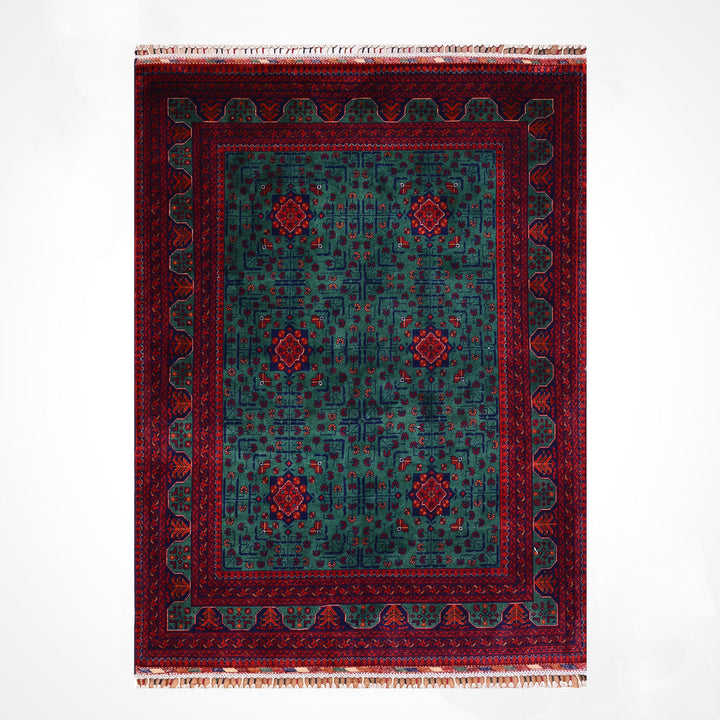 Afghan Carpet Green Hamyap Original Hand-Woven Vegetable Dyed Wool 149x201 2.99 Square Meters - 4x6 ft