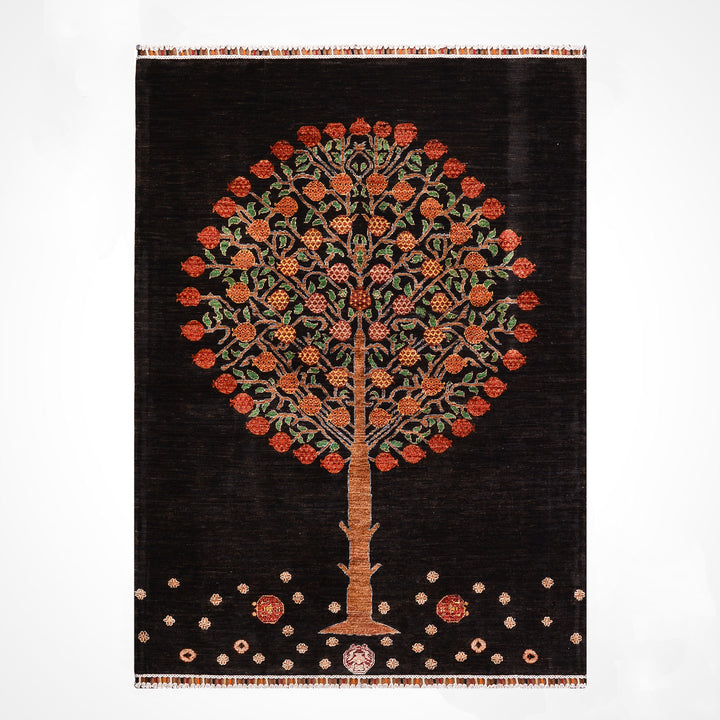Sultani Pomegranate Tree Original Hand-Woven Black Vegetable Dyed Wool Carpet 148x197 2.92 Square Meters - 4x6 ft