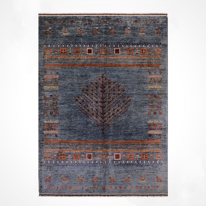 سجادة صوفية أصلية من مجموعة شجرة الحياة من خورجين، منسوجة يدويًا، بلون رمادي مصبوغ بجذور، مقاس 168×243، 4.08 متر مربع - 5×8 قدم
