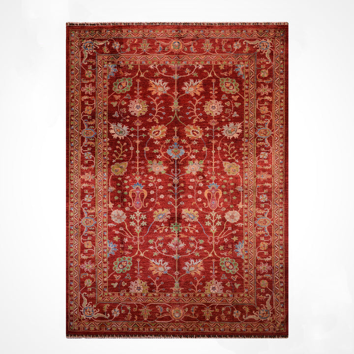 سجادة سلطاني زهرية أصلية منسوجة يدويًا من الصوف الأحمر المصبوغ بصبغة الجذور، 207 × 305 سم، 6.31 متر مربع - 7 × 10 قدم