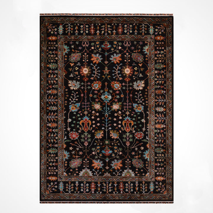 Sultani Floral Original Hand-Woven Black Vegetable Dyed Wool Carpet 209x291 6.08 Square Meters - 7x10 ft