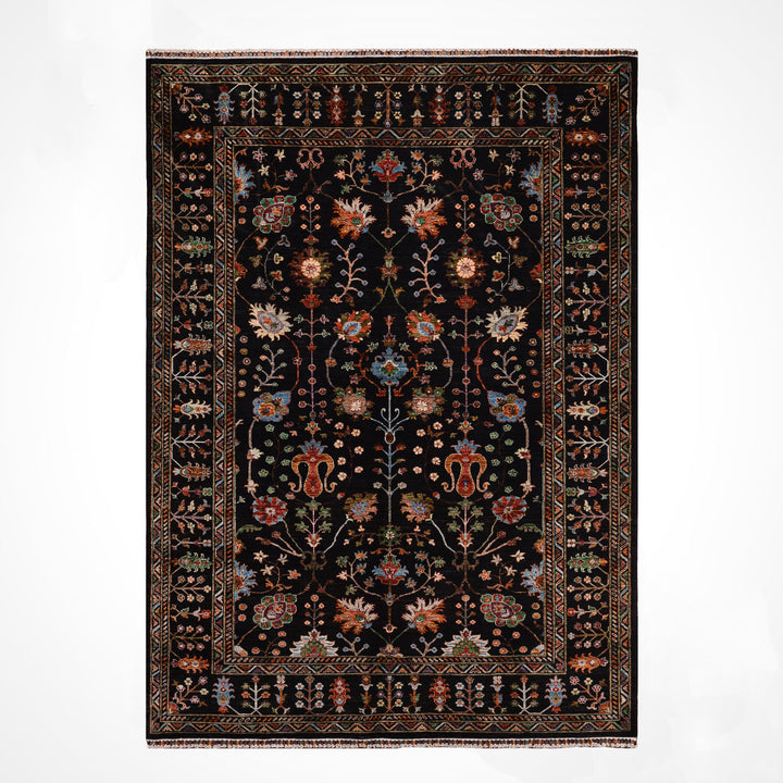 سجادة سلطاني زهرية أصلية منسوجة يدويًا من الصوف الأسود المصبوغ بصبغة الجذور، 210×288، 6.05 متر مربع - 7×10 قدم