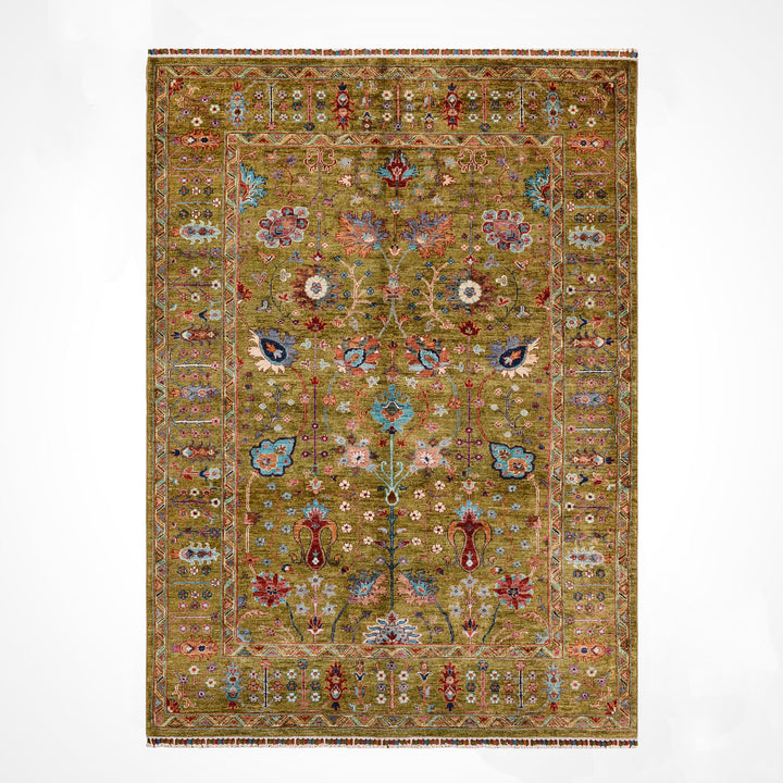 Sultani Floral Original Hand-Woven Green Vegetable Dyed Wool Carpet 170x236 4.01 Square Meters - 6x8