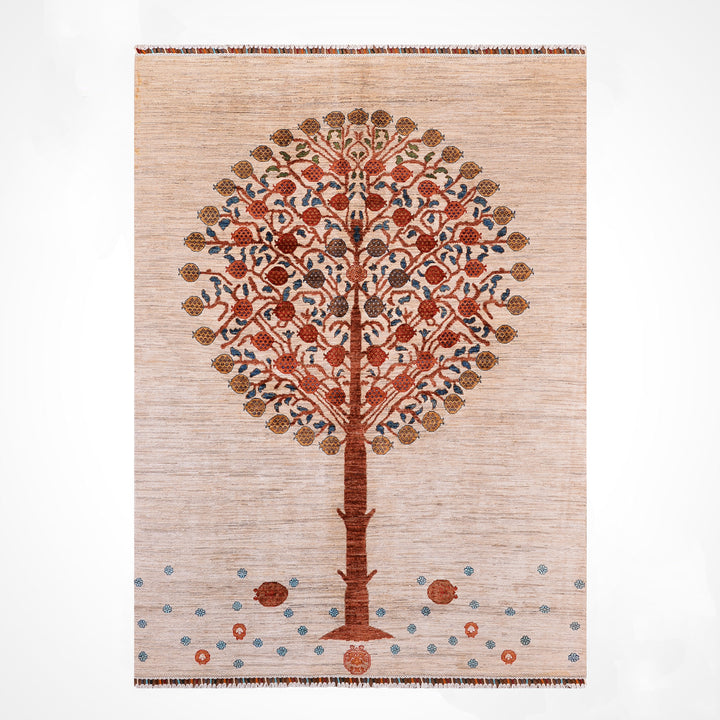 Sultani Pomegranate Tree Original Hand-Woven Cream Vegetable Dyed Wool Carpet 170x226 3.84 Square Meters - 5x8 ft