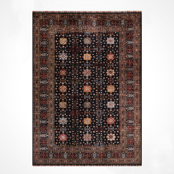 Original Hand-Woven Black Vegetable Dyed Wool Carpet with Veziri Bilcik Pattern 207x305 6.31 Square Meters - 7x10 ft