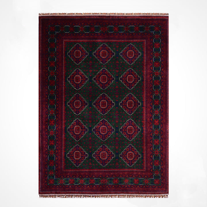 Afghan Carpet Green Hamyap Original Hand-Woven Vegetable Dyed Wool 169x243 4.11 Square Meters - 5x7 ft