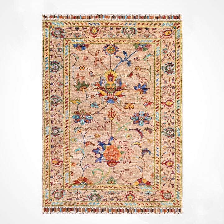 Sultani Çiçekli Orijinal El Dokuması Bej Kök Boya Yün Halı 0.82x117 0.96 Metrekare - 3x4 ft