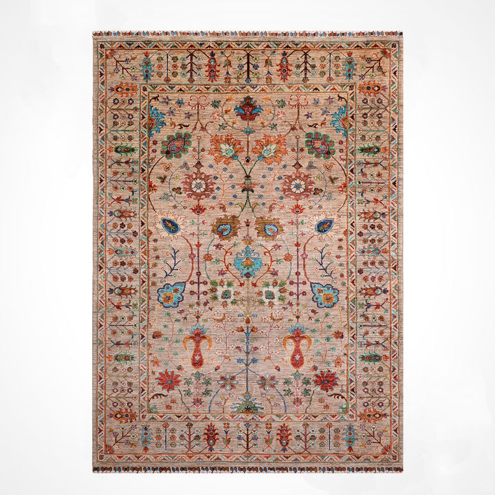 Sultani Floral Original Hand-Woven Beige Vegetable Dyed Wool Carpet 174x242 4.21 Square Meters - 5x8