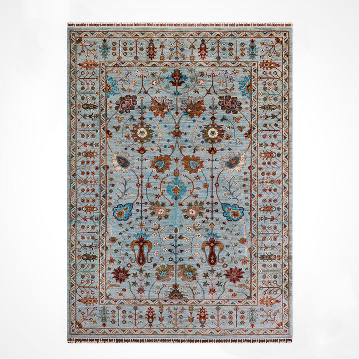 Sultani Floral Original Hand-Woven Turquoise Vegetable Dyed Wool Carpet 174x238 4.14 Square Meters - 5x8 ft