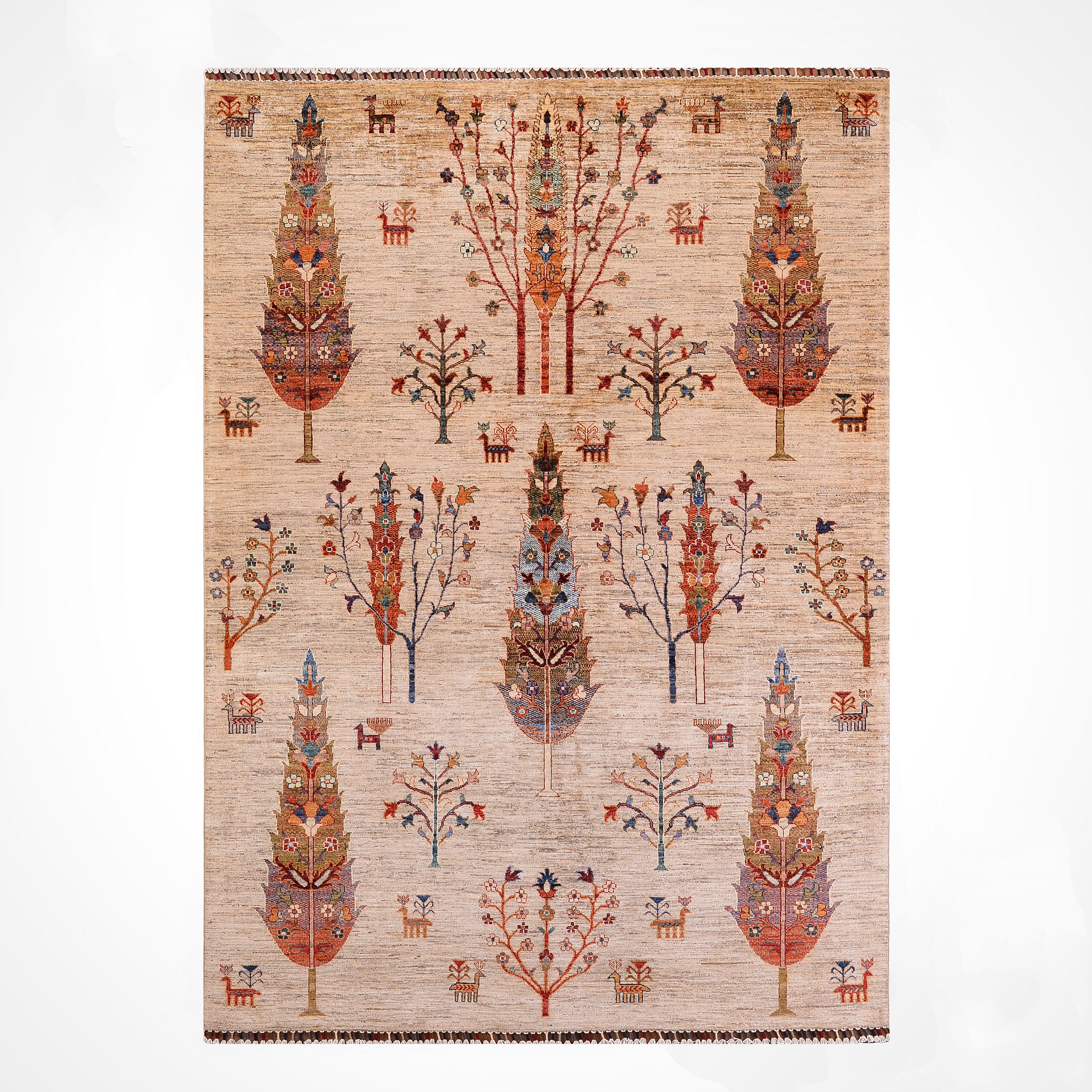Sultani Tree of Life Original Hand-Woven Beige Vegetable Dyed Wool Carpet 175x249 4.36 Square Meters - 5x8 ft