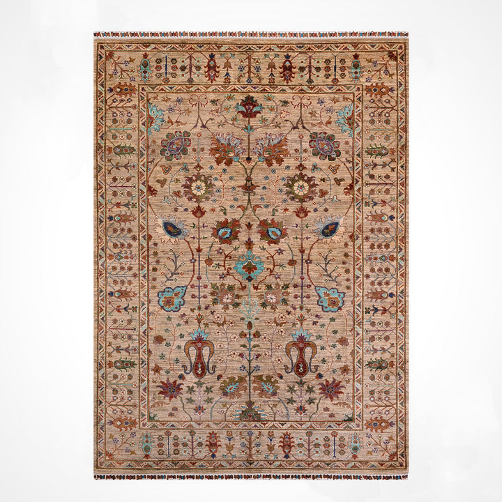 Sultani Çiçekli Orijinal El Dokuması Bej Kök Boya Yün Halı 173x234 4.05 Metrekare - 5x8