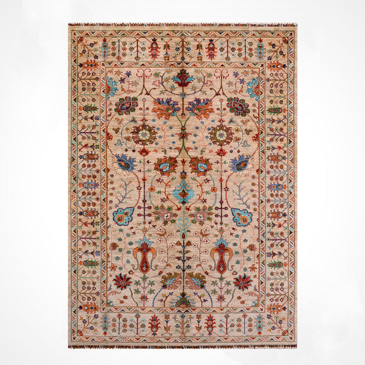 Sultani Çiçekli Orijinal El Dokuması Bej Kök Boya Yün Halı 166x242 4.02 Metrekare - 5x8 ft
