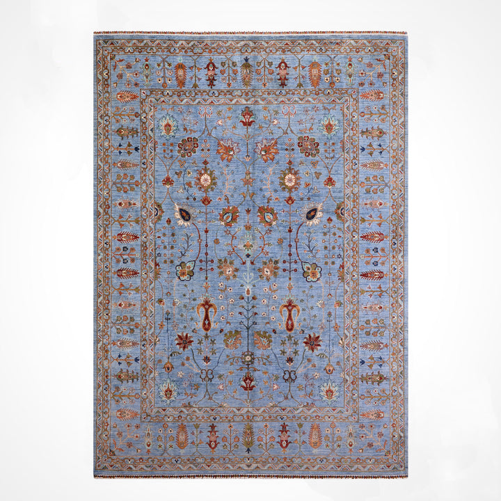 Sultani Çiçekli Orijinal El Dokuması Mavi Kök Boya Yün Halı 243x303 7.36 Metrekare - 8x10 ft
