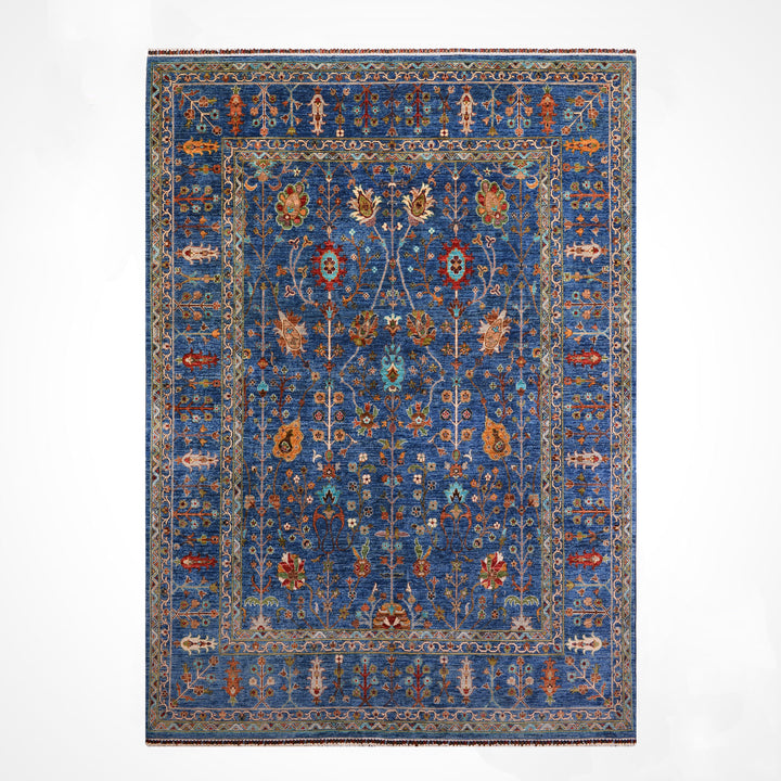 Sultani Çiçekli Orijinal El Dokuması Mavi Kök Boya Yün Halı 247x302 7.46 Metrekare - 8x10 ft