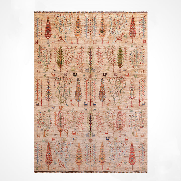 Sultani Hayat Ağacı Orijinal El Dokuması Bej Kök Boya Yün Halı 207x300 6.21 Metrekare - 8x10 ft