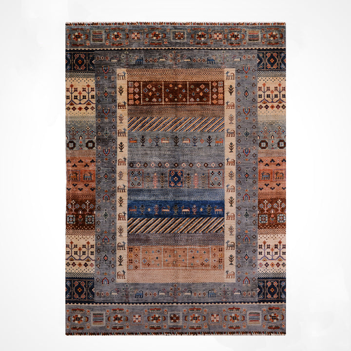 Khorjin Gabbe Desenli Orijinal El Dokuması Gri Kök Boya Yün Halı 207x299 6.19 Metrekare - 7x10 ft