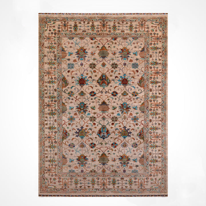 Sultani Binbirgece Orijinal El Dokuması Bej Kök Boya Yün Halı 207x288 5.96 Metrekare - 7x10 ft