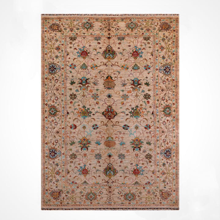 سجادة سلطاني بينبيرجيسي الأصلية المصنوعة يدويًا من الصوف بلون البيج المصبوغ بالجذور 203 × 309، 6.27 متر مربع - 7 × 10 قدم 