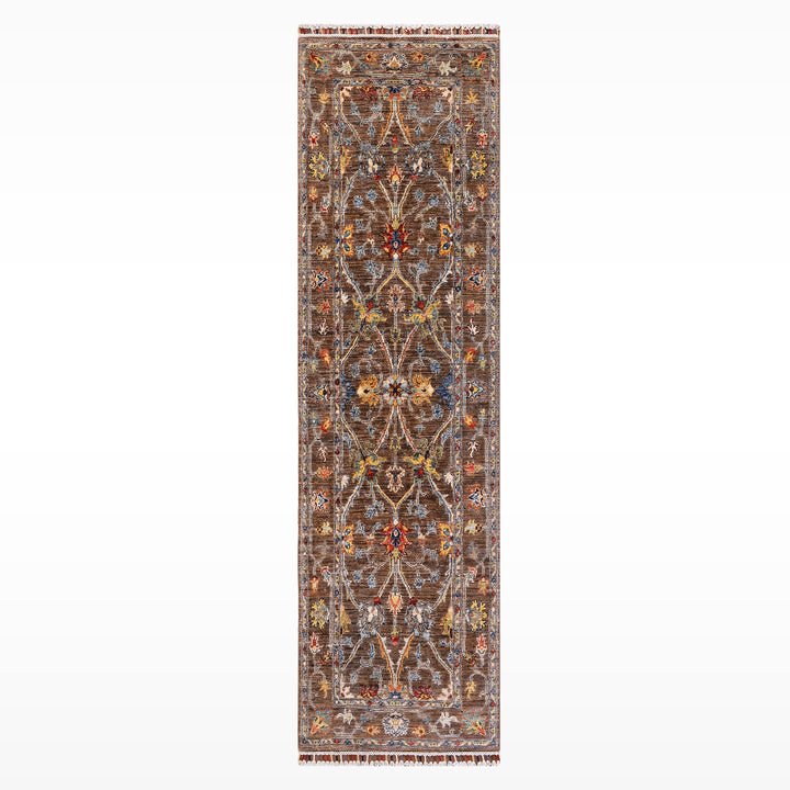 Sultani Çiçekli Yolluk Orijinal El Dokuması Kahverengi Kök Boya Yün Halı 0.75x220 1.65 Metrekare - 2x8 ft