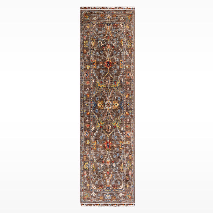 Sultani Çiçekli Yolluk Orijinal El Dokuması Kahverengi Kök Boya Yün Halı 0.75x221 1.66 Metrekare - 2x8 ft