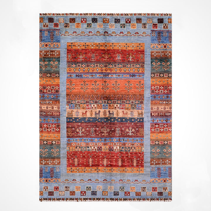 Khorjin Gabbe Desenli Orijinal El Dokuması Mavi Kök Boya Yün Halı 124x184 2.28 Metrekare - 4x6 ft