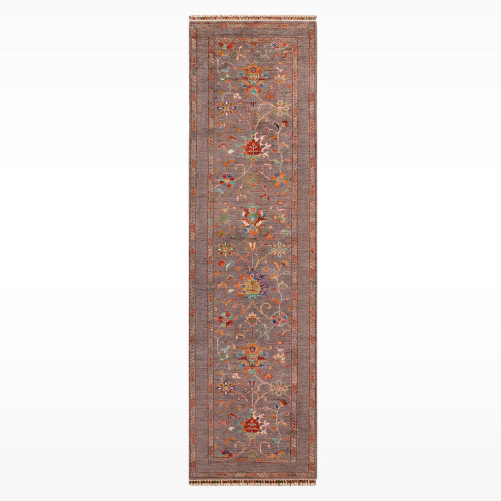 Sultani Çiçekli Yolluk Orijinal El Dokuması Gri Kök Boya Yün Halı 0.82x330 2.71 Metrekare - 2x10 ft