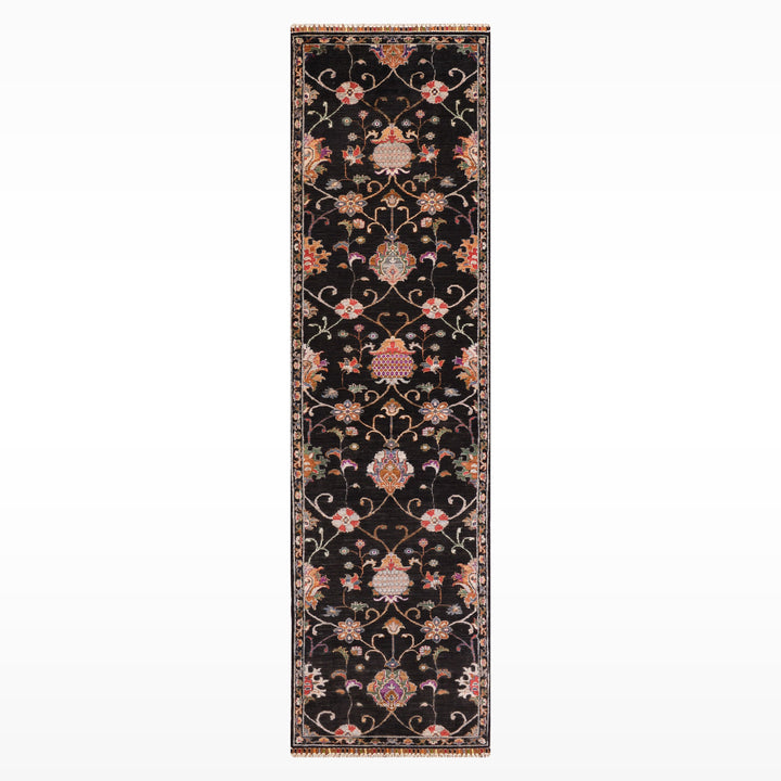 Sultani Floral Runner Original Hand Woven Black Vegetable Dyed Wool Carpet 0.76x295 2.24 Square Meters - 2x10 ft