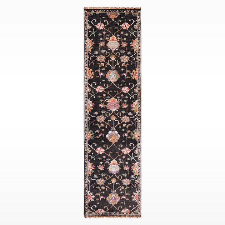 Sultani Çiçekli Yolluk Orijinal El Dokuması Siyah Kök Boya Yün Halı 0.77x299 2.30 Metrekare - 2x10 ft
