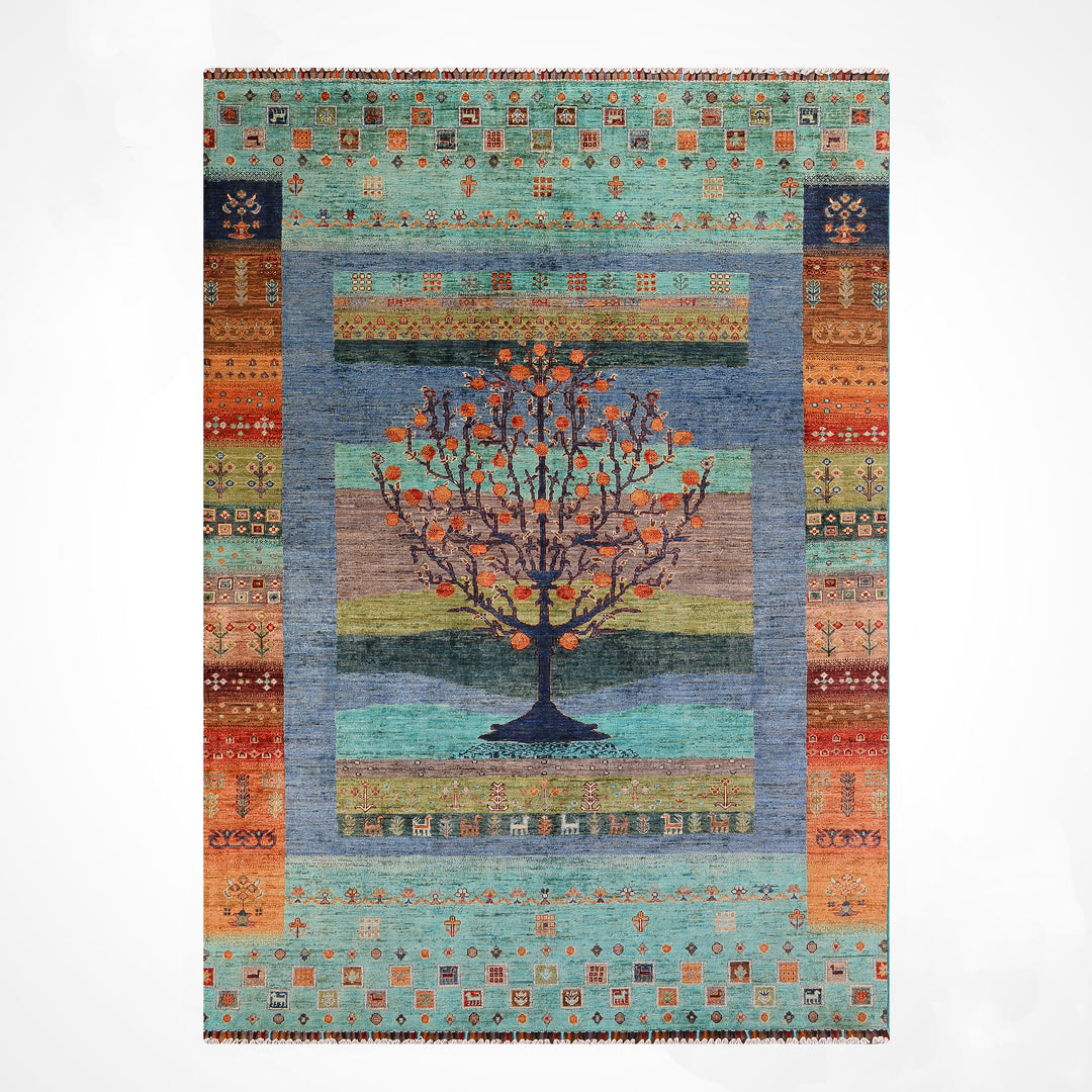 Khorjin Hayat Ağacı Orijinal El Dokuması Turkuaz Kök Boya Yün Halı 170x248 4.22 Metrekare - 5x8 ft