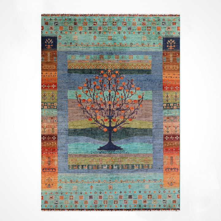 Khorjin Hayat Ağacı Orijinal El Dokuması Turkuaz Kök Boya Yün Halı 170x248 4.22 Metrekare - 5x8 ft