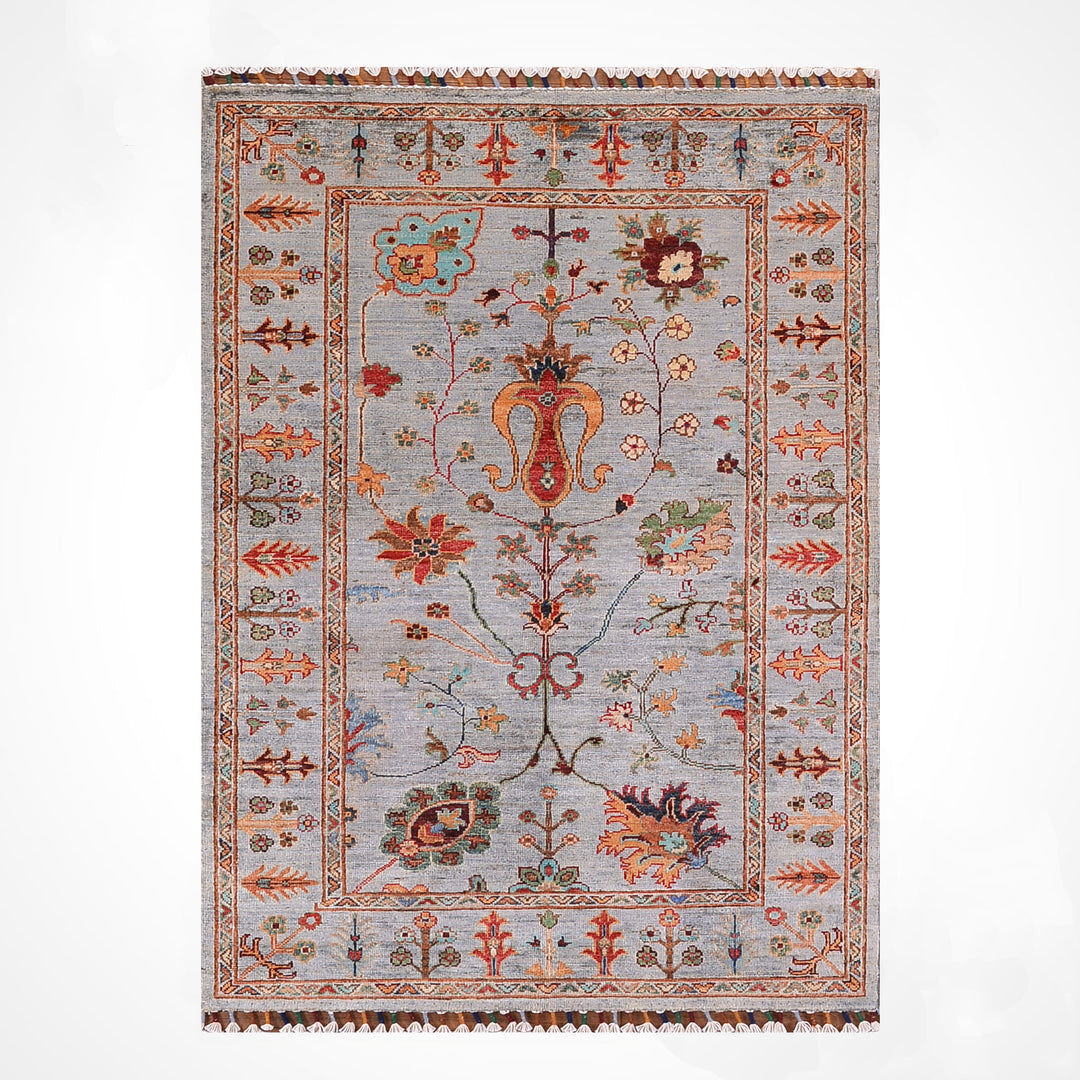 Sultani Çiçekli Orijinal El Dokuması Gri Kök Boya Yün Halı 0.99x153 1.51 Metrekare - 3x5 ft