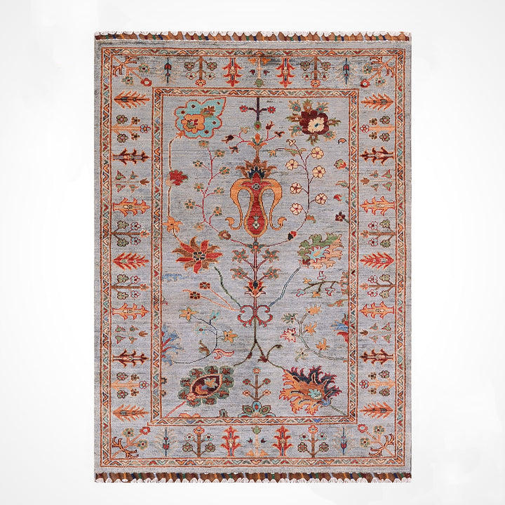 Sultani Çiçekli Orijinal El Dokuması Gri Kök Boya Yün Halı 0.99x153 1.51 Metrekare - 3x5 ft