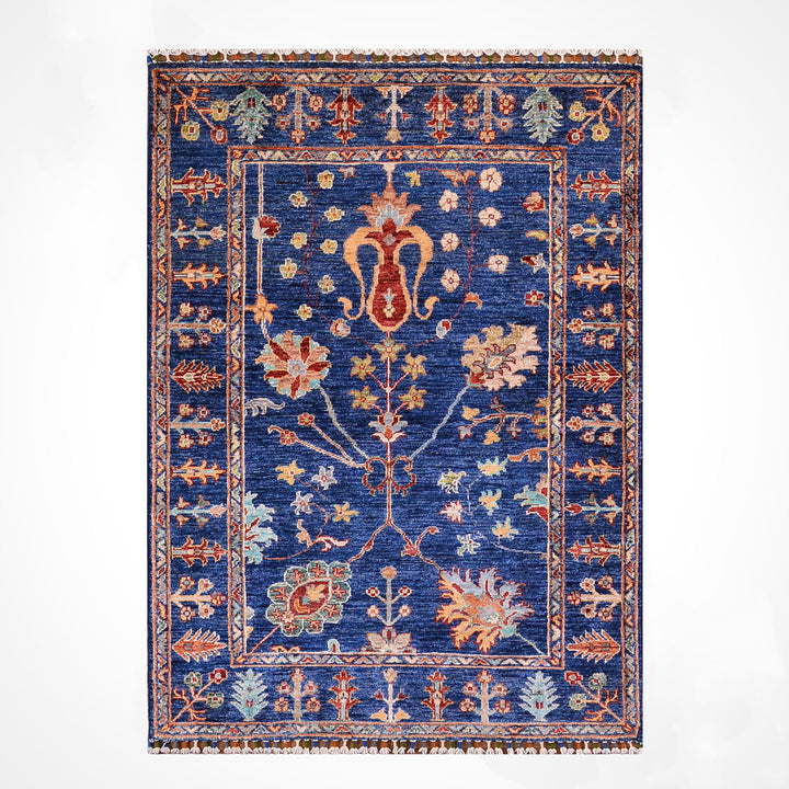 Sultani Floral Original Hand-Woven Navy Blue Root Dye Wool Carpet 0.98x150 1.47 Square Meters - 3x5 ft 