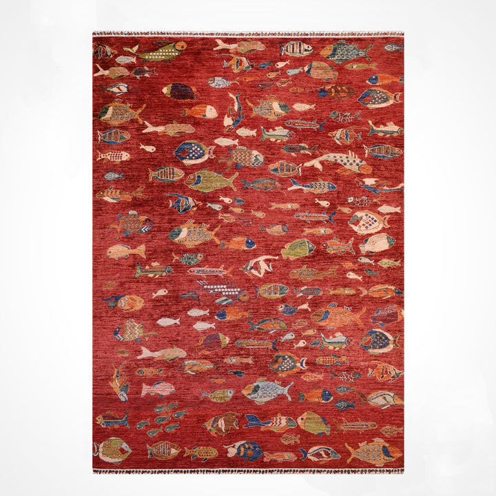 Fish Original Handwoven Red Root Dye Wool Rug 177x238 cm (4.21 square meters) - 6x8 ft 