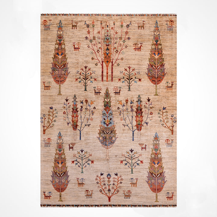Sultani Tree of Life Original Handwoven Beige Root Dye Wool Rug 174x238 cm (4.14 square meters - 5x8 ft) 