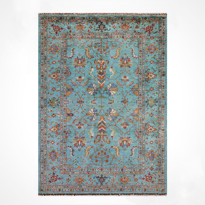 Sultani One Thousand and One Nights Original Handwoven Turquoise Root Dye Wool Rug 177x245 cm (4.34 square meters) - 5x8 ft 