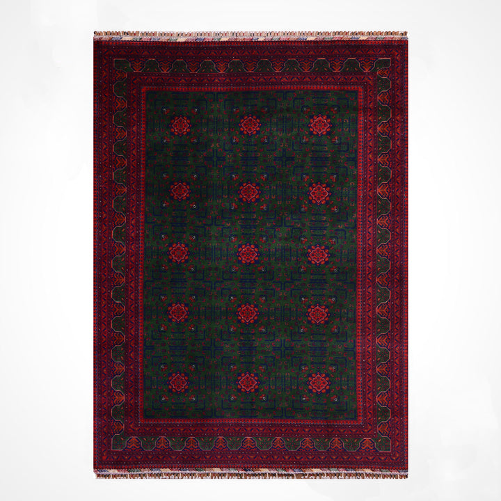 Afghan Rug, Green Hamyap, Original Handwoven, Root Dye Wool, 196x287 cm, 5.63 square meters - 7x10 ft 