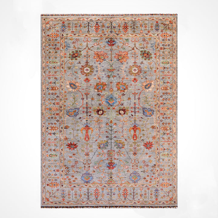 Sultani Floral Original Handwoven Grey Root Dye Wool Rug 184x275 cm (5.06 square meters - 6x8 ft) 